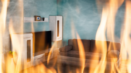 Symbolbild Blogbeitrag vermietete Wohnungen. Bild zeigt Brand in einem Wohnzimmer