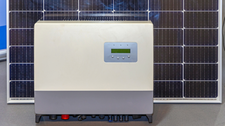 Symbolbild Batteriespeicher. Das Bild zeigt einen weißen Batteriespeicher vor einem PV-Modul.